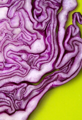 Obraz premium Red Cabbage cut, with inner patterns of folded leaves visible