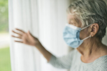 An elderly woman in a protective mask in front of window