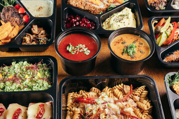 group of food in plastic dish on table. take away food
