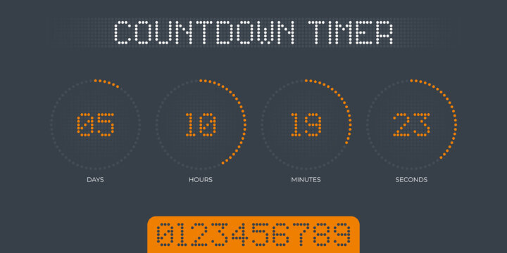 Vector dots design circle countdown timer display. Time counter with hours, hours, minutes and seconds. Gray background.
