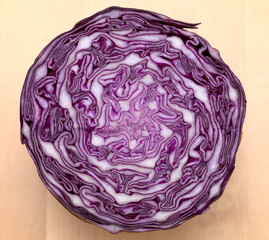 Red Cabbage cut, with inner patterns of folded leaves visible