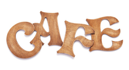 wooden cafe letters on white background