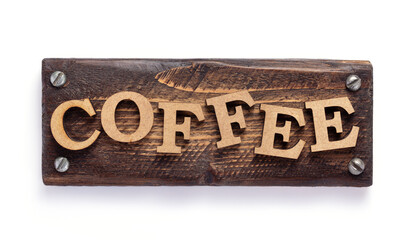 wooden coffee letters on white background