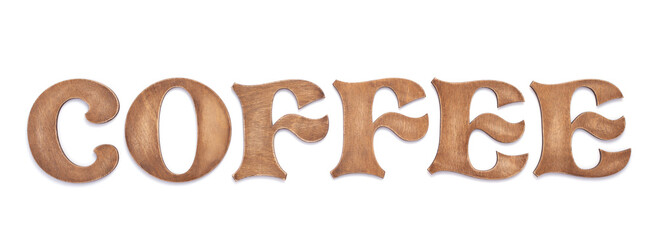 wooden coffee letters on white background