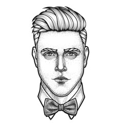 Hand drawn portrait of man full face with bow tie . Vector illustration.