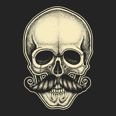 Dotwork styled skull with moustache. Hand drawn illustration. T-shirt design.