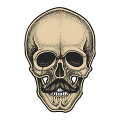 Dotwork styled skull with moustache. Hand drawn illustration. T-shirt design.