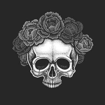 Dotwork styled skull with wreath of peonies . Hand drawn illustration. T-shirt design.