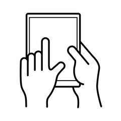 hands using tablet device line style icon