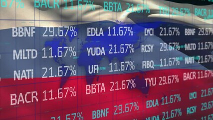 Stock market data processing and world map against Russian national flag - Powered by Adobe