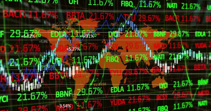 Stock market data and statistical data processing against world map