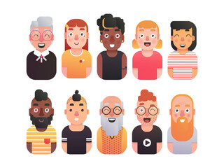 Collection of happy people's emotions. set of avatars of different ages and gender. Flat vector design illustration.