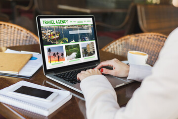 Unrecognazible Woman Browsing Travel Agency Website In Cafe, Booking Vacation Trip, Collage