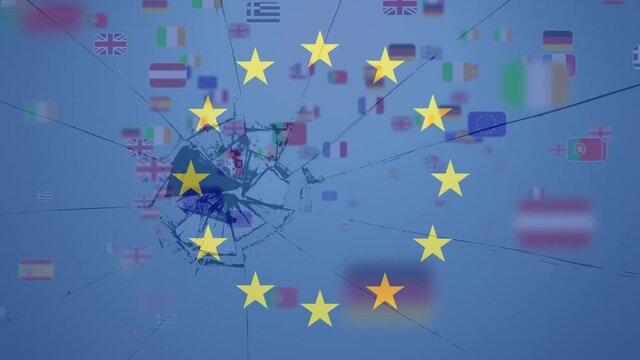 Broken screen effect and yellow stars in circle against flags of european countries