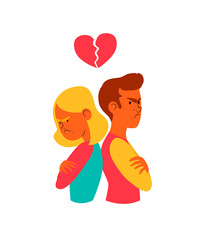 A young man and a woman are mad at each other. Angry couple vector illustration.