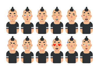 Collection of young asian man's emotions. Flat vector design.