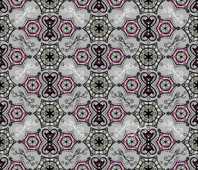 Abstract geometric pattern. Seamless vector with various gray, pink and burgundy elements on a gray background. For textiles, fashionable prints, upholstered furniture, wallpaper, wrapping paper