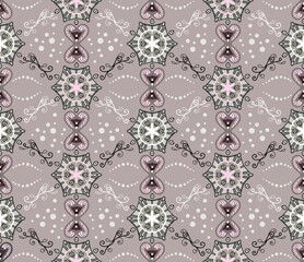 Romantic geometric abstract pattern. Seamless vector with various gray, pink and burgundy elements on purple background. For textiles, fashionable prints, upholstered furniture, wallpaper, tile