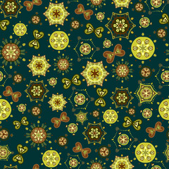 Bright saturated abstract pattern. Seamless vector with different yellow, green and brown elements on a dark green background. For textiles, fashionable prints, upholstered furniture, children's