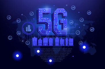 5G technology. 3D letters with electronic circuit board. 5G network of wireless systems. Technological background of the new electronic technology. 5G user interface GUI, UI, UX in HUD style