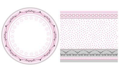 Romantic set of patterns for decorating dinner sets. Receptions for the arrangement of circular ornament for plates and a pattern for cups and teapots. Vector with pink gray and white elements