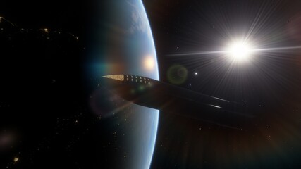 spaceship in orbit of the earth. beautiful science fiction wallpaper with endless deep space, spaceship. 3D render