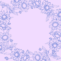 Floral monochrome purple frame with chamomiles and leaves. Wreath of oulline flowers hand drawning. Copy space. Vector stock illustration.