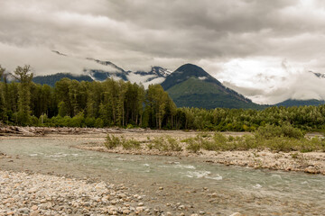 Braided river channel with woodland and mountains in the distance, on an overcast day, Skeena River, British Columbia, Canada.