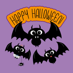 Happy Halloween text with cute bat family on purple backgound. Good for poster, banner, invitation, greeting card, textile print.