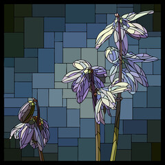 Vector square mosaic with blooming blue chionodoxa flower in stained glass window.