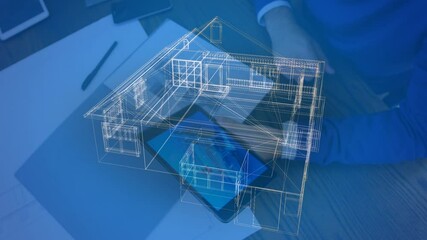 3D architectural model of house against man using digital tablet   - Powered by Adobe