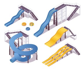 Isometric water slides with stairs and shadows. Vector 3d collection in blue and yellow