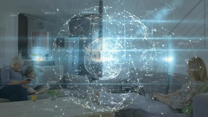 Web of connections forming a globe against senior woman her granddaughter using digital tablet and s - Powered by Adobe