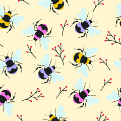 Soft and gentle pretty floral print in the wind design with bumble bees seamless pattern in vector for fashion ,fabric ,wallpaper and all prints on light yellow background color