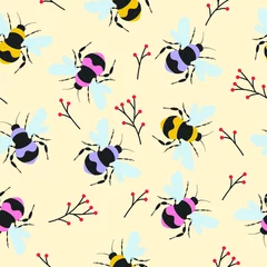 Fotobehang Soft and gentle pretty floral print in the wind design with bumble bees seamless pattern in vector for fashion ,fabric ,wallpaper and all prints on light yellow background color © Sergey