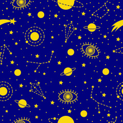 Obraz na płótnie Canvas Vector space seamless pattern with planets, comets, constellations and stars. Night sky hand drawn doodle astronomical background