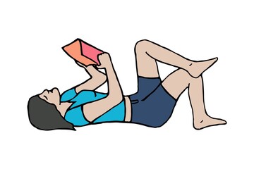 The girl reads a book lying on her back. Freehand drawing. Girl reads a book lying down on the floor white background. Beautiful young woman reads a book lying. Vector illustration of girl of student