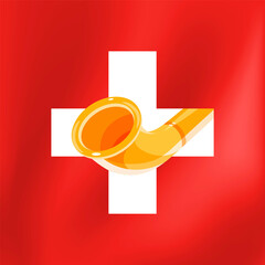 Alphorn on swiss flag, Vector illustration of Alpine Traditional musical wooden instrument on logo or banner for Folklore Festival. Style label with Alpenhorn for Concert or Culture Event.
