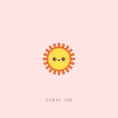 Cute Kawaii Sun with happy Face emotion. Minimalistic outline Icon. Colorful Vector illustration. Japanese manga style. Cartoon character. Sun is isolated on pink background. Logo, print idea