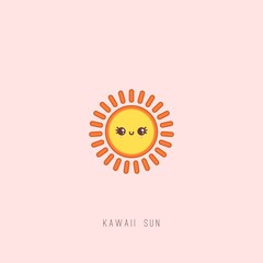 Cute Kawaii Sun with happy Face emotion. Minimalistic outline Icon. Colorful Vector illustration. Japanese manga style. Cartoon character. Sun is isolated on pink background. Logo, print idea