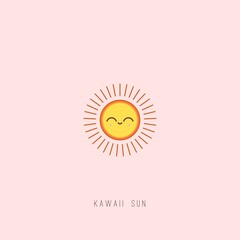Cute Kawaii Sun with happy Face emotion. Minimalistic outline Icon. Colorful Vector illustration. Japanese manga style. Cartoon character. Sun is isolated on pink background. Logo, print idea