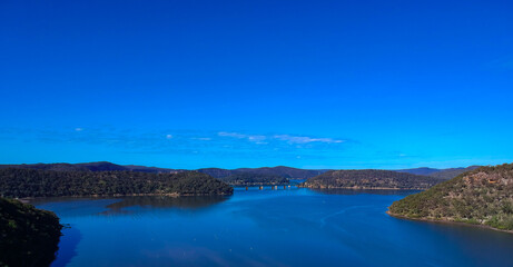 Panoramic drone aerial view of Mooney Money Hawkesbury River in NSW Australia beautiful blue and green colours