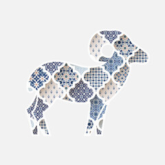 Greeting card, invitation with silhouette of ornamental sheep. Blue Moroccan, arab pattern tiles fill. Eid al Adha holiday, muslim community festival of sacrifice. Vector illustration background.