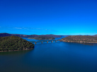 Fototapeta na wymiar Panoramic drone aerial view of Mooney Money Hawkesbury River in NSW Australia beautiful blue and green colours