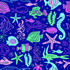 Seamless colorful pattern with doodle fishes. Vector set. Hand drawing.