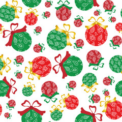 Cheerful paisley baubles vector seamless pattern background. A mix of red and green decorative Christmas tree ornaments on white backdrop. Hand drawn doodle style design For seasonal holiday products.