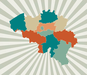 Belgium map. Poster with map of the country in retro color palette. Shape of Belgium with sunburst rays background. Vector illustration.