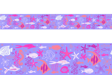Сolorful ribbon border with cartoon fishes. Vector set. Hand drawing.