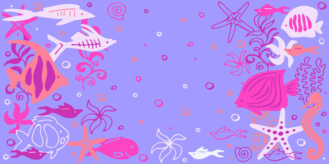Fototapeta na wymiar Сolorful sea pattern with cartoon fishes. Vector set. Hand drawing. Copy space.