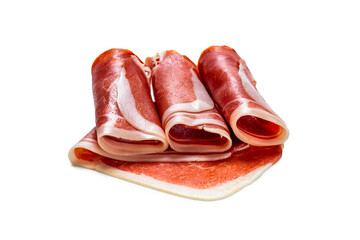 Thinly sliced jamon isolated on white background.